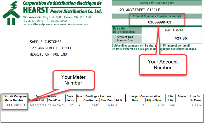 You can find your account number and meter number on your bill as shown.